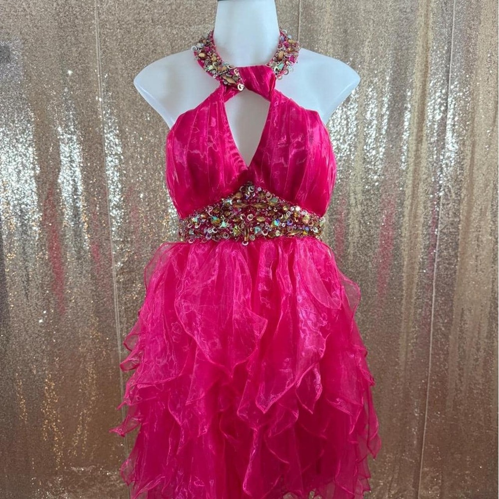 NWT Pink Beaded Halter Ruffle Tiered Prom Pageant Dress/Size M